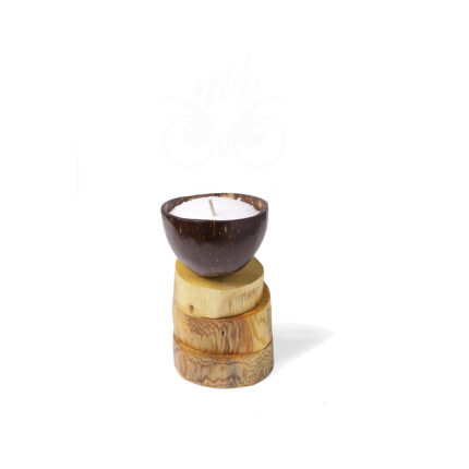 Coconut Shell Candle Bowl on Rustic Stacked Wood Base
