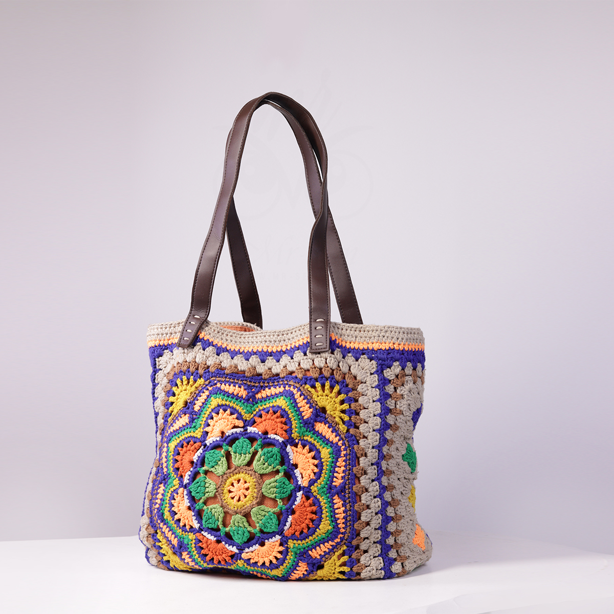 Handmade-Crochet-Granny-Square-Tote-Bag-with-Mandala-Design-Leather-Handles