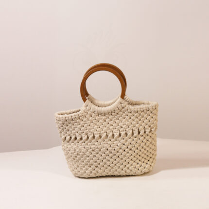 Handcrafted Macramé Statement Handbag - Bohemian Woven Tote with Wooden Handles