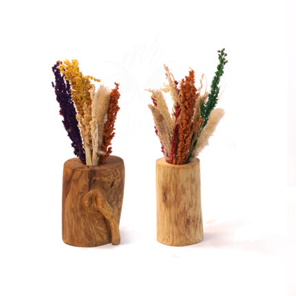 Handcrafted Natural Wooden Vase with Dried Flowers – Unique Artistic Home Décor