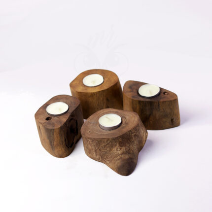 Natural Wooden Tea Light Candle Holder Set – Rustic Boho Handmade Home Decor (Set of 4)