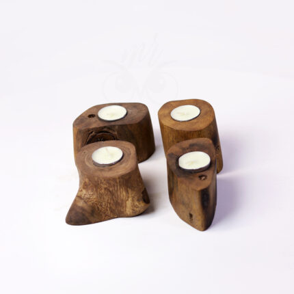 Natural Wooden Tea Light Candle Holder Set – Rustic Boho Handmade Home Decor (Set of 4)