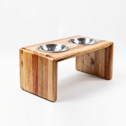 Modern Boho Wooden Pet Bowl Holder - Water-Resistant Raised Feeder for Cats and Small Dogs